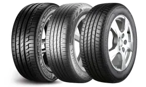 Trzy opony samochodowe, w tym opony samouszczelniające Continental i Bridgestone, prezentowane na białym tle.
