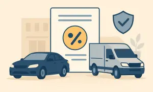 Samochód i furgonetka obok dokumentu z symbolem procentu i tarczą. To ilustracja wyjaśniająca, co to homologacja.