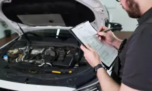 Mechanik dokonuje przeglądu samochodu, skrupulatnie notując uwagi na karcie kontrolnej.