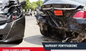 Dwa mocno uszkodzone samochody po wypadku. Jeden z przodu, drugi z tyłu, oba wyglądają na szkodę całkowitą.