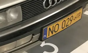 Złota tablica rejestracyjna z numerem NO 029 na zderzaku Audi.