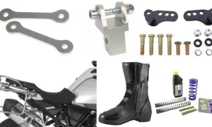 Zestaw do obniżenia motocykla: łączniki, śruby, amortyzator i buty motocyklowe.