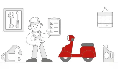 Mechanik z listą kontrolną obok czerwonego motoroweru. W tle narzędzia, kalendarz i płyny eksploatacyjne. To idealny moment na badanie techniczne motoroweru.