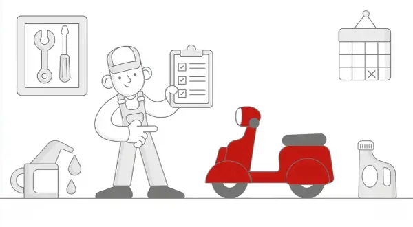 Mechanik z listą kontrolną obok czerwonego motoroweru. W tle narzędzia, kalendarz i płyny eksploatacyjne. To idealny moment na badanie techniczne motoroweru.