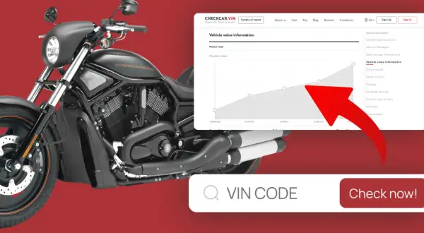 Czarny motocykl Harley-Davidson. Obok wykres wartości pojazdu i pole do wpisania numeru VIN.