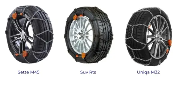 Trzy rodzaje łańcuchów śniegowych na kołach: Sette M45, Suv Rts, Uniqa M32.