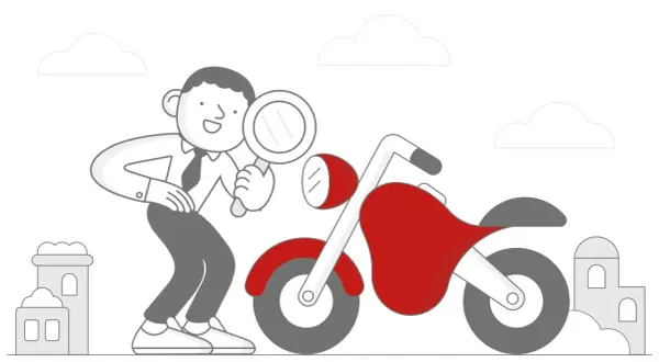 Mężczyzna z lupą bada czerwony motocykl. Może to być przegląd motocykla po terminie.