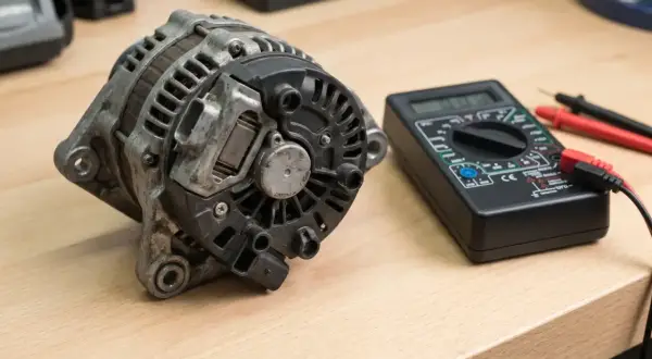 Regulator napiecia alternatora obok multimetru, gotowy do diagnostyki.