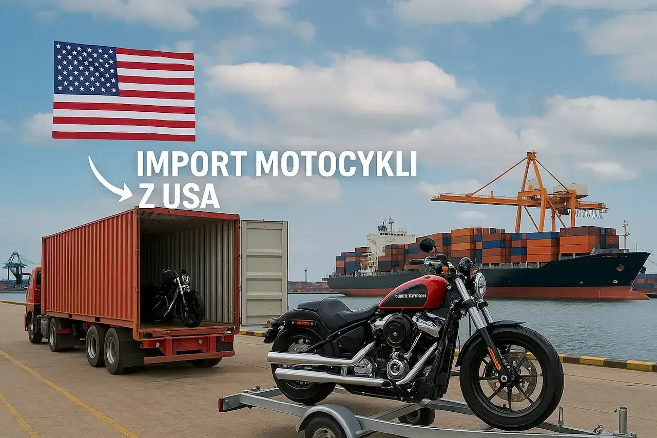 Amerykańska flaga nad kontenerem z motocyklami, symbolizująca sprowadzanie motocykli z USA. W tle port z kontenerowcem.