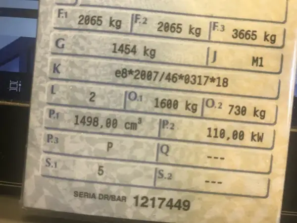 Masa całkowita w dowodzie rejestracyjnym: F.1 2065 kg, F.2 2065 kg, F.3 3665 kg. G 1454 kg.
