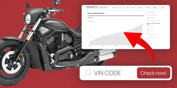 Czarny motocykl Harley-Davidson. Obok wykres wartości pojazdu i pole do wpisania numeru VIN.