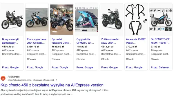Chińskie motocykle CFMOTO 450 w różnych ofertach, od nowych modeli po akcesoria.