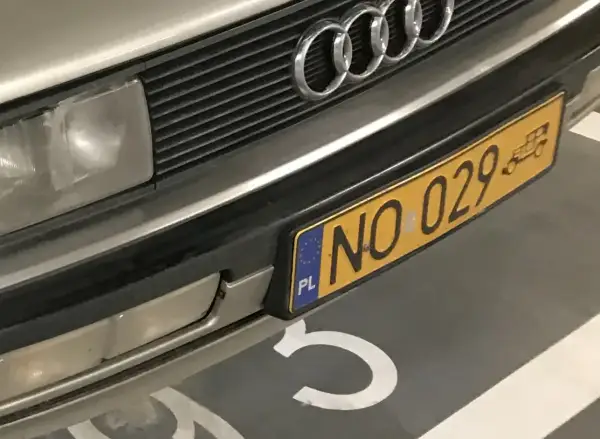 Złota tablica rejestracyjna z numerem NO 029 na zderzaku Audi.