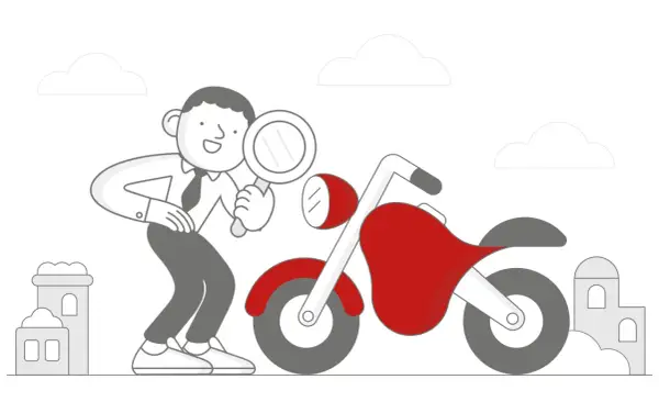 Mężczyzna z lupą bada czerwony motocykl. Może to być przegląd motocykla po terminie.